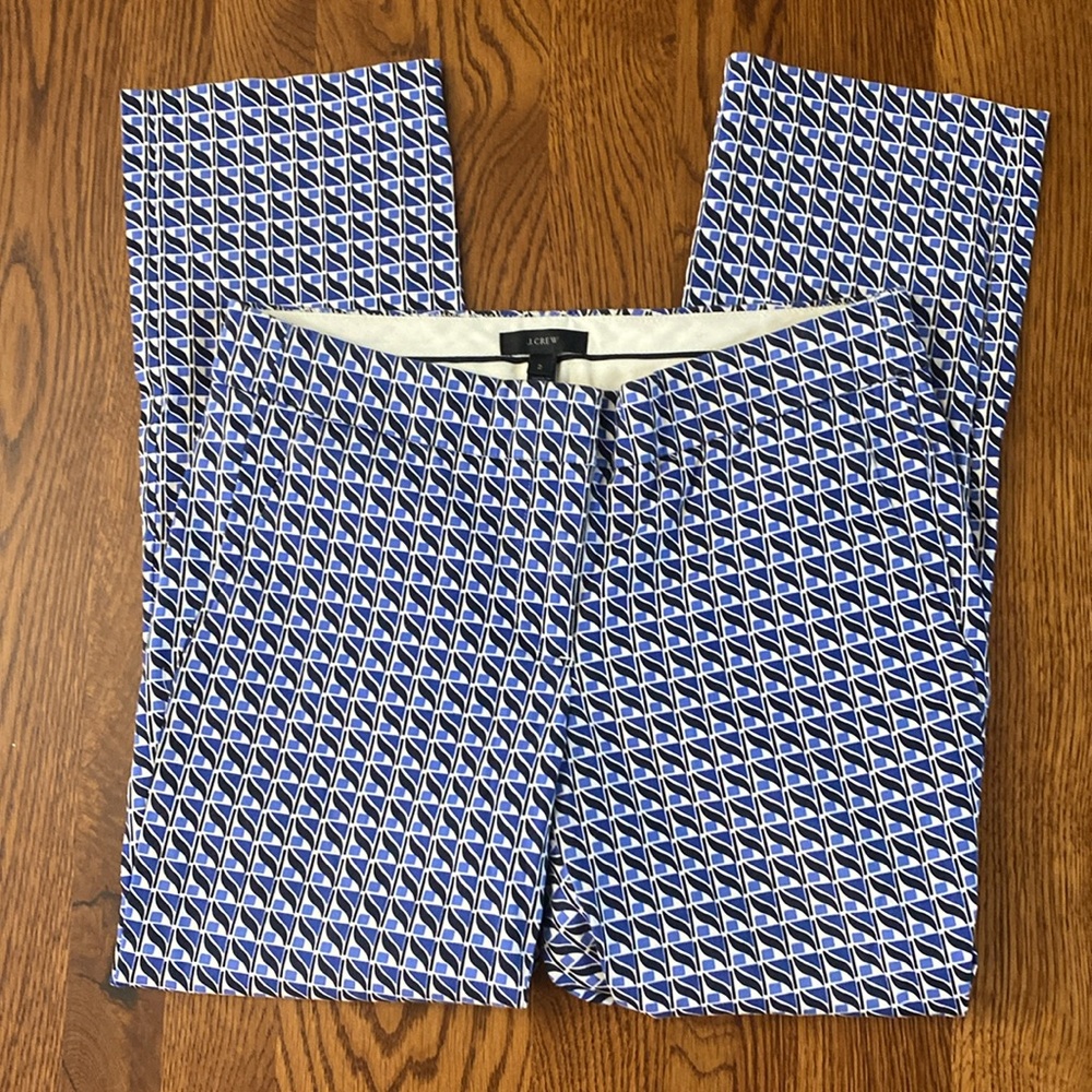 J. CREW 2 Campbell Blue Abstract Wave Geo Low Rise Straight Crop Office Trousers